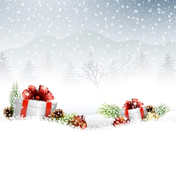 Christmas background with gift boxes on the snow