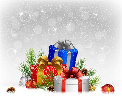 Christmas background with gift boxes on the snow