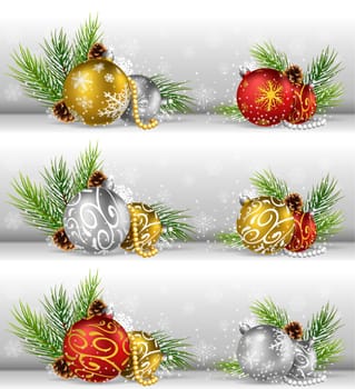 Christmas background with pine cone, ball and fir in snow