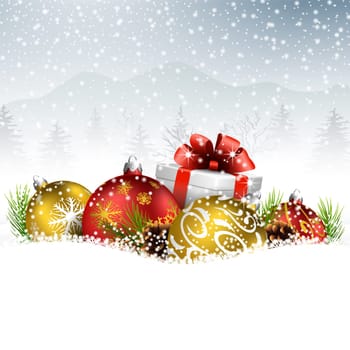 Christmas background with gift boxes on the snow