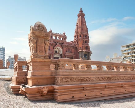 Angle view of Baron Empain Palace, a historic mansion inspired by the Cambodian Hindu temple of Angkor Wat, located in Heliopolis district, Cairo, Egypt