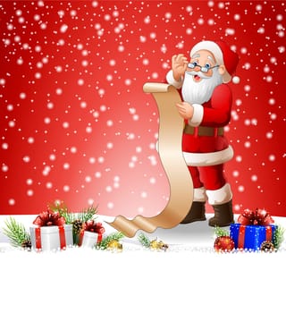 Christmas background with Santa Claus reading a long list of gifts
