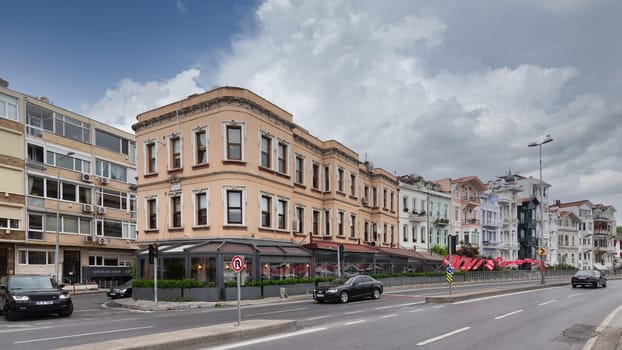 Istanbul, Turkey - May 12 2023: Colorful traditional residential buildings in Bebek - Arnavutkoy street, Besiktas district, in a sunny spring day
