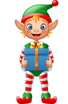 Christmas background with elf holding gift box