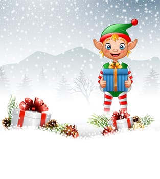 Christmas background with elf holding gift box