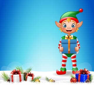 Christmas background with elf holding gift box