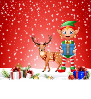 Christmas background with elf holding gift box