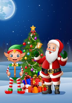 Christmas background with Santa Claus and elf
