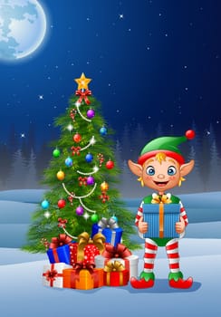 Christmas background with elf holding gift box