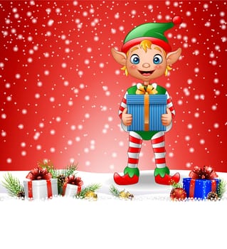Christmas background with elf holding gift box