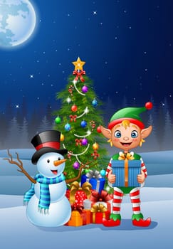 Christmas background with elf and snowman