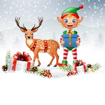 Christmas background with elf holding gift box