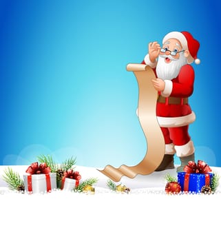 Christmas background with Santa Claus reading a long list of gifts