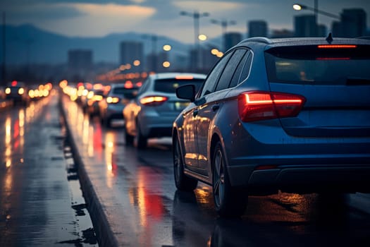 Car rush hours city street on the rainy morning.Traffic jam on the road. AI generated