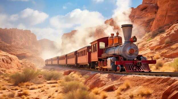 Vintage steam train with ancient locomotive and old carriages runs on the tracks next to rock formations and letting of smoke and steam . AI generated