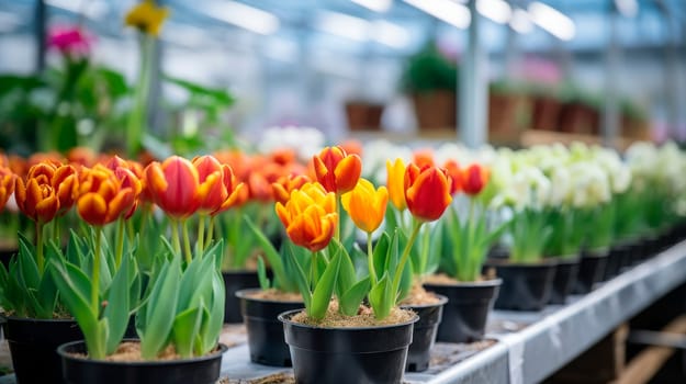 Many colorful tulip flowers in a industrial greenhouse, production and cultivation of flowers. AI generated