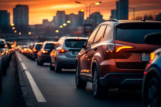 Car rush hours city street on the early morning.Traffic jam on the road. AI generated