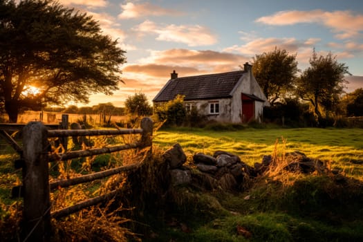 Old abandoned white house on a rural landscape.An old bungalow with a setting sun. AI generated