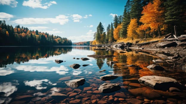 Colorful view of the autumn landscape on the lake. Beauty of nature concept background.Beautiful autumn lake scene.Generative AI