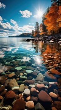 Colorful view of the autumn landscape on the lake. Beauty of nature concept background.Beautiful autumn lake scene.Generative AI