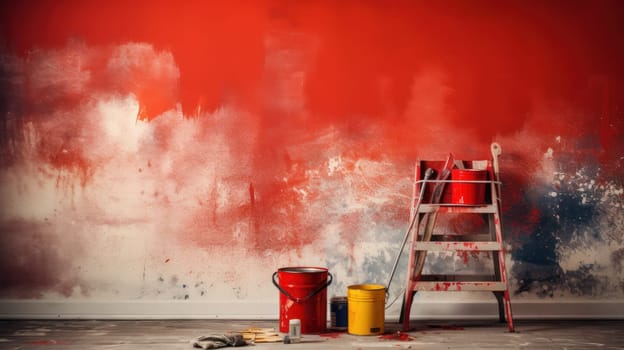 abstract background with a bucket of paint near an unpainted wall. free space for text. copy space. Generative AI