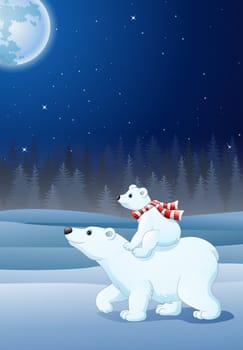 Cartoon baby polar bear riding on her mother's back