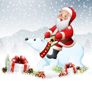 Cartoon Santa Claus riding polar bear