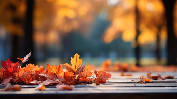 autumn yellow leaves on a wooden table against the background of a blurred image of an autumn landscape on a sunny day.Generative AI