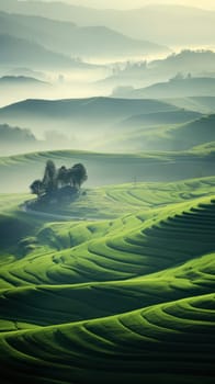 Majestic landscape with rice terraced fields shrouded in fog at dawn. mesmerizing landscape with rice terrace.Generative AI