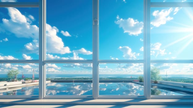 View of cloudy blue sky through floor-to-ceiling window background, Freedom and space concept.Generative AI