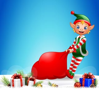 Christmas background with elf pulling a bag full of gifts