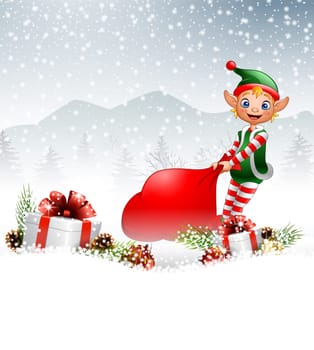 Christmas background with elf pulling a bag full of gifts