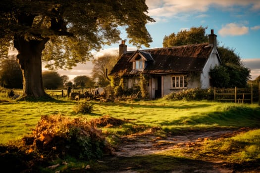 Old abandoned white house on a rural landscape.An old bungalow with a setting sun. AI generated