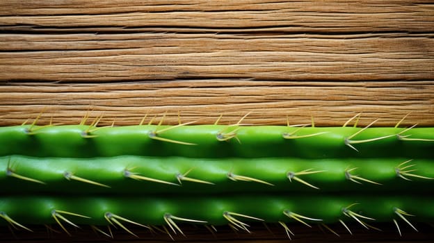 Close-up of a cactus with sharp thorns on a wooden background. copy space.Generative AI