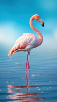 A flamingo is reflected in turquoise water against a background of blue sky and white clouds. Natural environment and harmony background.Generative AI