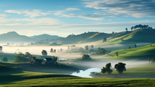Majestic landscape with rice terraced fields shrouded in fog at dawn. mesmerizing landscape with rice terrace.Generative AI