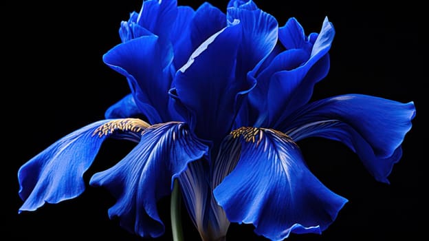 Blue iris close-up. Flowers on a black isolated background. wallpaper or background .Generative AI
