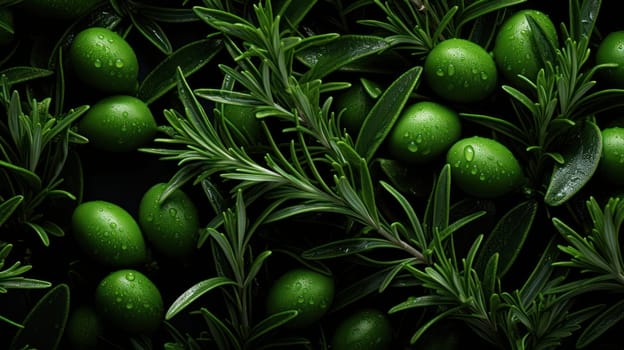 close-up background of green leaves. rosemary and olives.Generative AI