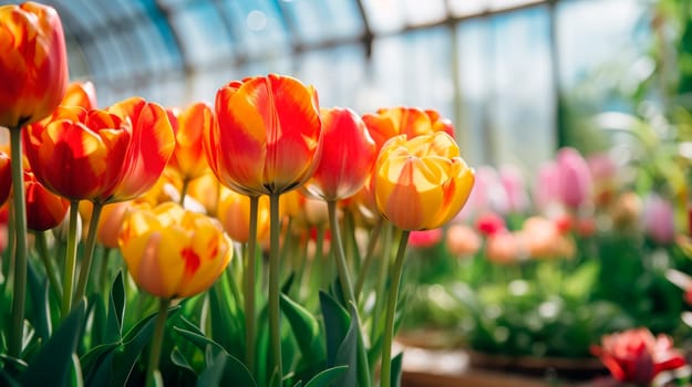 Many colorful tulip flowers in a industrial greenhouse, production and cultivation of flowers. AI generated