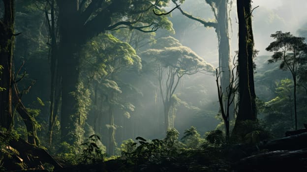 background Deep tropical thickets foggy fairy-tale dense forest.Generative AI