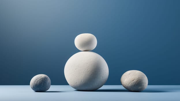 stable harmonious composition of stones, on a soft blue background. balance and harmony.Generative AI