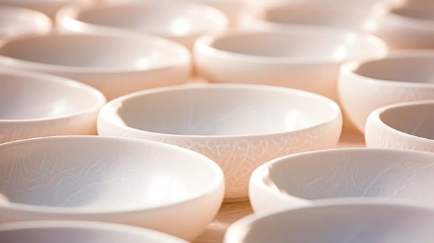 white background with snow-white Freshly molded dishes .Generative AI