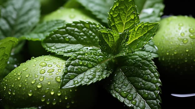 close-up background of green leaves. mint and lemon.Generative AI