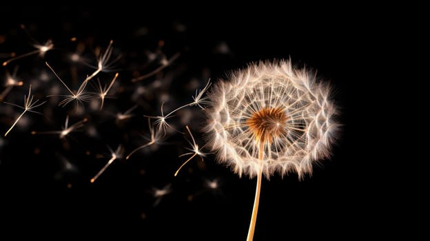 background White dandelion with flying seeds in the wind on a dark blue background. copy space.Generative AI