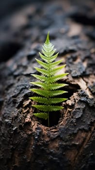 fern leaf on a background of tree bark. Nature background vertical.Generative AI