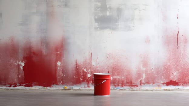 abstract background with a bucket of paint near an unpainted wall. free space for text. copy space. Generative AI