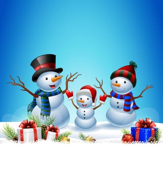Set of cartoon snowman with Christmas background