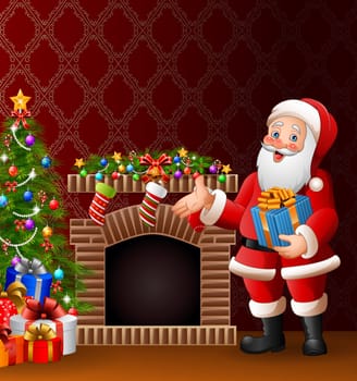 Cartoon Santa Claus holding a gift box