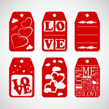 Collection of Happy Valentines day gift tags. Set of hand drawn holiday label in white and red. Romantic badge design