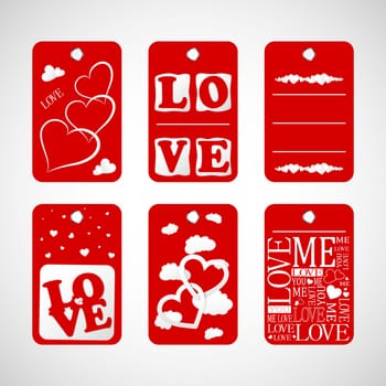 Collection of Happy Valentines day gift tags. Set of hand drawn holiday label in white and red. Romantic badge design